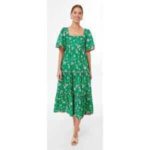 Pink City Prints Tuckernuck Green Forest Rose Maisie Midi Block Print Dress S